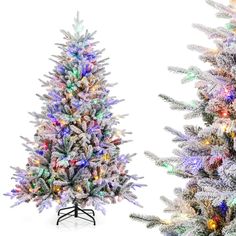 two artificial christmas trees with multicolored lights on each tree stand in front of a white background