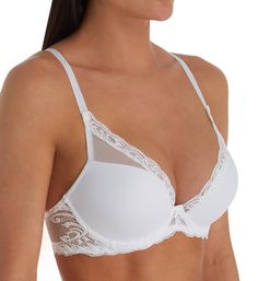 This deep plunge bra features a beautiful scalloped lace trim along a stretch mesh overlay, helping to give you a truly pretty look. Seamless sides for a smooth look under clothes. Very comfortable, and light as a feather! Contour underwire cups with light padding support and shape your breasts. All lace trim has a soft texture. Cups are covered with mesh overlay. Straps are set wide for a sexy, open neckline. Lace with embroidered "feathers" on the sides, back and center panel. Wide-set elastic Elegant Low-cut Bra With Lace Trim, Elegant Low-cut Lace Trim Bra, Underwire Bra With Contrast Lace, Underwire Lace Bra With Contrast Lace, Lace Push-up Bra With Lace Trim, Contrast Lace Underwire Bra, Elegant Full Coverage Bra With Lace Trim, Elegant Lace Bra With Contrast Lace, Elegant Contrast Lace Bra