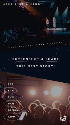 an event poster with the words screen shot and share this next story on it's side