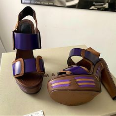 Marni Platform Sandals, All Purple Brown Leather, Braided Leather Detail On The Platform And Heel, Size 38, New, Bought In Saks 5th Ave, Heel Size - 5”, Platform - 1.75”, Brown Suede Details, Black Rubber And Brown Suede On The Band Designer Purple Open Heel Sandals, Marni Shoes, Leather Detail, Shoe Fits, Braided Leather, Black Rubber, Workout Wear, Brown Suede, Flat Shoes