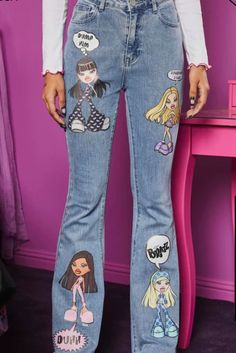 Graphic Jeans, Drawer Ideas, Brat Doll, Jeans Design, Youtube Ideas, Flared Denim, Bratz Doll, Streetwear Clothing