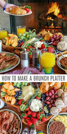 the brunch platter is ready to be served in front of an open fireplace