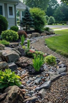 a garden with rocks and plants in front of a house