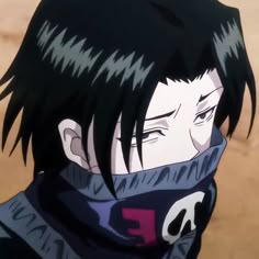 an anime character with black hair wearing a scarf