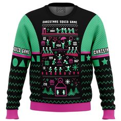 an ugly christmas sweater with the words,'christmas should come'in green and pink