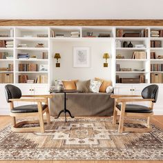 a living room filled with furniture and lots of bookshelves on top of it