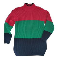 a red, green and blue sweater with black trims on the bottom is shown