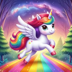 a cartoon unicorn running across a rainbow colored road