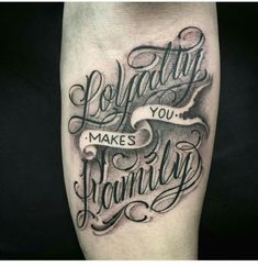 a black and white tattoo with the words loving you makes family written in cursive font