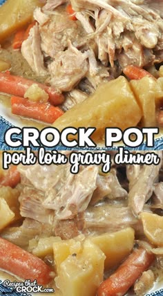 crock pot pork stew with potatoes and carrots on a blue plate text overlay