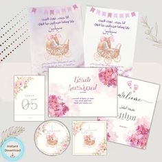 wedding stationery with pink flowers and baby carriage