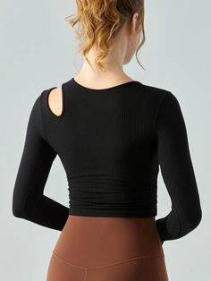 Womens Long-Sleeve Ribbed Stretchy Yoga Cropped Tee, Activewear Top for Workouts, Gym and Exercise Versatile Crop Top For Pilates, Stretch Versatile Crop Top For Yoga, Versatile Yoga Crop Top, Compressive Cropped Tops For Pilates, Versatile Crop Top For Yoga, Stretch Elastane Crop Top For Yoga, Compressive Elastane Tops For Yoga, Versatile Stretch Crop Top For Pilates, Elastane Crop Top Activewear For Workout