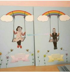 two children's book covers with pictures of people on swings and rainbows in the sky