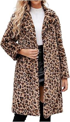 Women's Faux Fur Long Jackets Winter Warm Leopard Coats Oversized Open Front Cardigan Loose Long Sleeve Outerwear Black Winter Vest, Camo Jacket Women, Long Black Shirt, Brown Vest Women, Shirt Jacket Womens, Tweed Blazer Women, Autumn Jacket Women, Raincoat Jacket, Womens Puffer Vest