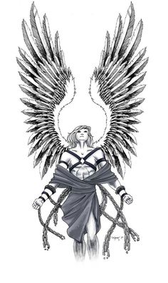 a drawing of a woman with wings on her chest and arms, holding two chains