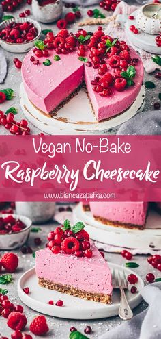 vegan no - bake raspberry cheesecake with fresh berries on top