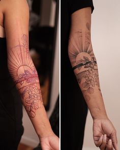 two photos one showing the arm and the other with tattoos on it's arms