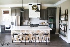 a kitchen with an island and bar stools