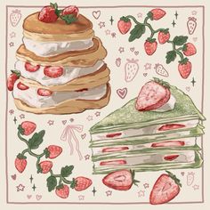 two stacks of pancakes with strawberries on top and another stack of cake in the background