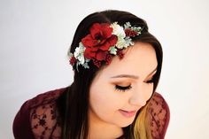 Floral Crowns on Instagram: “THE HOLIDAY SALE Has begun! 20% off ALL holiday items!! & a little hint of what will be in the shop next week.. 👶🏼 + 🌲🌿+ 👑 .. you don’t…” Winter Flower Crown, Wedding Floral Crown, Christmas Crown, Red Flower Crown, Winter Wedding Hair