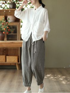 The Women's Elastic Waist Plaid Casual Harem Trousers Bottom Pants are made from cotton linen and feature a harem style. The pants have a black color. and will fit comfortably around your waist and hips. They are available in one size (CM to INCH). The elastic waistband makes it easy to get these pants on and off. while the drawstring closure at the bottom allows you to adjust them as needed. The length of this item is 90cm / 35.4inch long. Material: Cotton linen Style: harem pants Color: black Style Harem Pants, Harem Trousers, Linen Style, Pants Color, Cotton Linen, Black Pants, Harem Pants, Black Color, Elastic Waist