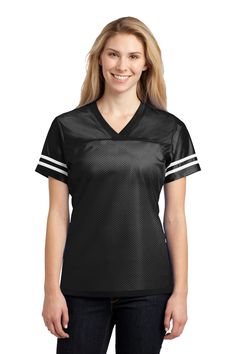 Sport-Tek Ladies PosiCharge Replica Jersey LST307True athletic-looking jerseys featuring a breathable mesh body and color-locking PosiCharge technology. | 3.6-ounce, 100% polyester mesh body with PosiCharge technology 4.1-ounce, 100% polyester dazzle yoke and sleeves with PosiCharge technology;  Removable tag for comfort and relabeling Crossover rib knit V-neck Set-in sleeves;  Sleeve stripes;  Not designed to be worn over pads; Womens Athletic Outfits, Workout Tops For Women, Womens Jersey, Athletic Apparel, Womens Activewear, Athletic Women, Jersey T Shirt, Active Wear For Women, Workout Tops