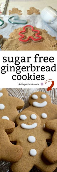 sugar free gingerbread cookies with white frosting on top and in the background, there is