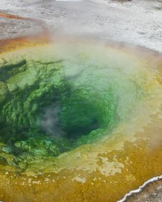 a green and yellow substance in the middle of a body of water with steam rising from it