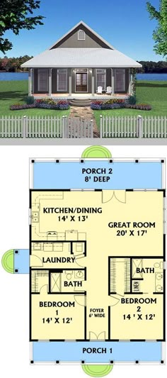 the floor plan for a small house with two bedroom and an attached porch, is shown in