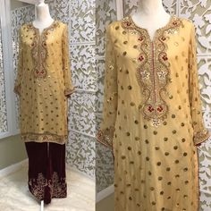 Women's Gold Chiffon Shirt with Embroidery & Velvet Bell | Etsy Shirt With Embroidery, Cotton Short Dresses, Pakistani Clothes, Formal Parties, Pure Chiffon, Indian Clothes, Boho Kimono, Shalwar Kameez, Bell Bottom Pants