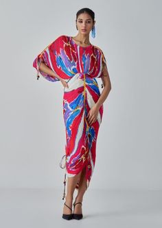 Zia Pink Red Ikat Pleat Kaftan Dress by Saaksha & Kinni, available on Indiaspopup.com Kaftan Style Dresses, Printed Kaftan, Pink Cape, Shop Dresses Online, Kaftan Style, Designer Jumpsuits, Gathered Dress, Indian Fabric, Silk Gown