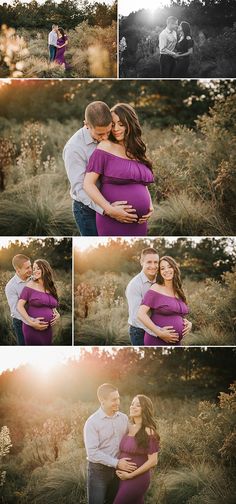 a couple cuddles in the middle of a field at sunset