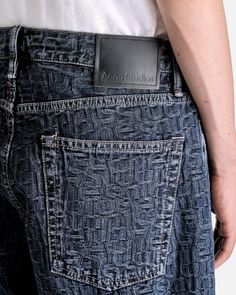 Acne Studios 1981 5-Pocket Monogram Denim in Blue/Black. These denim pants feature a low waist, 5-pocket styling, button fly, monogram jacquard print and offer a baggy fit. Low Waist, Baggy Fits, Denim Pants, Casual Pants, Blue Denim, Blue Black, Acne Studios, Monogram, Acne