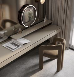 a desk with a mirror and chair in front of it