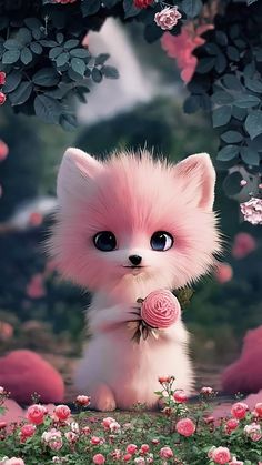 a small white dog with blue eyes and pink fur holding a rose in its mouth