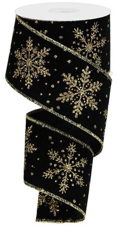 Snowflake Glitter Christmas on Velvet Wired Ribbon - 10 Yards (2.5 Inches, 30 Feet Black Gold) Black And Gold Christmas, Gold Christmas Decor, Velvet Background, Christmas Wired Ribbon, Gold Snowflake, Burlap Ribbon, Black Christmas, Wreath Bow, Scandinavian Inspired