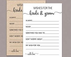 two wedding wishes cards with the words, wish for the bride and groom on them