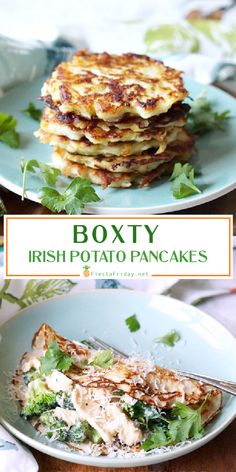 two plates with food on them and the words boxty irish potato pancakes above it