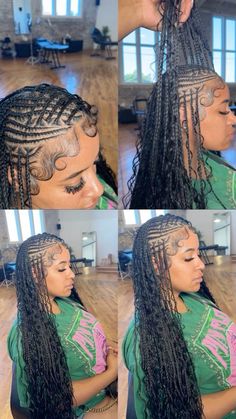 @yogirlry Hairstyles That Last A Month Black Women, Lemonade Braids With Designs, Boho Cornrows, Boho Fulani Braids, Braids 2024, Bohemian Knotless, Hair Braid Designs, Hair Braid Patterns, Lemonade Braids Hairstyles