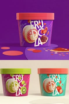 three ice creams with different flavors and designs on the top one is blue, green, pink and purple