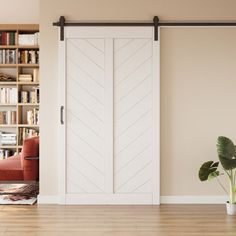 a living room with an open door and bookshelf in the background, along with a potted plant