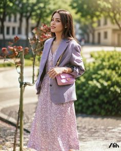 Zlily - Floral Print Long Sleeve Wrap Dress with Cinched Waist Casual Purple Midi Dress For Spring, Spring Purple Midi Dress For Work, Purple Midi Dress For Spring Workwear, Spring Workwear Purple Midi Dress, Flowers Combination, Leaf Sleeve, Long Sleeve Wrap Dress, Lotus Leaf, Floral Print Midi Dress