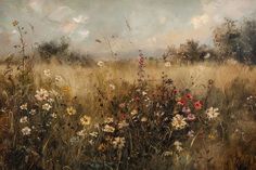 an oil painting of wildflowers in a field