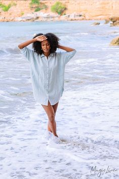 Linen beach tunic-fit shirt. Easy flowing, beautiful oversized tunic in a relaxed fit. Comfortable and great for a beach or for daily summer occasions combining with trousers. A perfect, timeless item for your summer wardrobe.Made from lightweight, washed linen.Available in: dusty bluePlease note that due to the many variations in monitors and browsers, actual colors may vary.DETAILS• Model wearing dusty blue in size S is 5’8” (174 cm) • Relaxed fit. Questions about the fit? Message us!• Made fr Relaxed Summer Beach Blouse, Linen Beachwear Tops For Beach, Summer Linen Blouse For Beach, Oversized Tunic Blouse For Summer, Casual Relaxed Fit Blouse For Beach Season, Relaxed Blouse For Beach In Spring, Relaxed Fit Summer Blouse For Vacation, Relaxed Linen Blouse For Vacation, Relaxed Fit Short Sleeve Beach Tunic