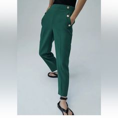 Zara Green Salior Pants Gold Buttons Detail Small New Summer Green Pants With Buttons, Chic Green Pants With Buttons, Trendy Green Pants With Button Closure, Ankle-length Business Casual Pants With Buttons, Green Office Pants With Pockets, Green High-waisted Pants With Button Closure, Trendy Green Bottoms With Buttons, Green High-waisted Pants With Buttons, Green Trousers With Buttons