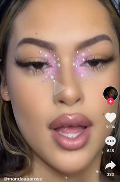 Rave Eyeshadow Looks, Eye Looks With Gems, Rave Makeup Hooded Eyes, Rave Makeup Pink, Pink Out Makeup, Fun Makeup Looks To Recreate, Pink Pony Club Makeup, Black Fairy Makeup, Pink Fairy Makeup Looks