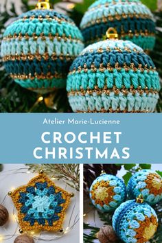 crochet christmas ornaments with text overlay that reads, ateter marie lucene crochet christmas ornament