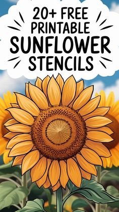 Sunflower stencils graphic with vibrant yellow petals and a bold caption for free printables. Sunflower Stencil Printable, Sunflower Stencils, Watercolor Templates, Flower Templates Printable Free, Printable Sunflower, Sunflower Template, Sunflower Stencil, Diy Sunflower, Sunflower Watercolor Painting