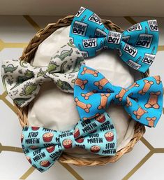 three bow ties in a basket on a table