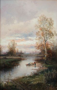 an oil painting of people in a boat on a river